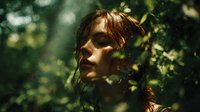 Young woman with auburn hair in dappled sunlight among green foliage, creating atmospheric portrait with natural lighting and dreamy forest ambiance.