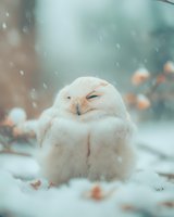 Adorable white owl sitting in snow with falling snowflakes, winter wildlife scene with soft bokeh background for seasonal nature photography projects.