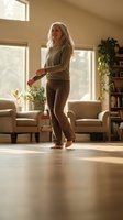 Mature Caucasian woman practicing yoga or stretching exercises in bright modern living room with natural sunlight streaming through windows for wellness.
