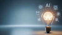 Glowing light bulb with brain inside surrounded by artificial intelligence and technology icons on blue background for innovation concepts.
