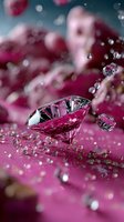 Crystal clear diamond on vibrant pink surface with water droplets creating sparkling bokeh effect, suitable for luxury jewelry advertising.