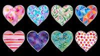 Colorful watercolor hearts set with floral, galaxy, geometric, and polka dot patterns, isolated on transparent background. Great for stickers, t-shirt design, and print on demand.