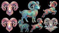 Colorful ornamental Aries ram zodiac clipart set, isolated on transparent background. Great for astrology T-shirts, stickers, print on demand, and sublimation designs.