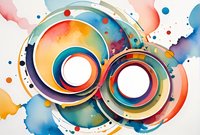 Abstract watercolor circles in vibrant orange, blue and purple tones with fluid splashes and dots create dynamic composition on white background. Modern art style.