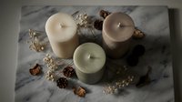 Three scented candles arranged on marble surface with dried flowers and natural decorative elements, suitable for home decor, wellness, spa, and lifestyle design projects.