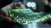 Hand holding green circuit board with glowing components against dark background, showcasing modern technology and electronics engineering.