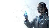 Asian female scientist in lab coat using holographic technology interface with digital data visualization and futuristic medical research elements.