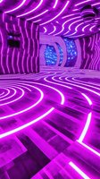 Futuristic nightclub interior with glowing purple neon lines creating curved patterns on walls and floor, leading to blue portal-like entrance. Modern club design concept.
