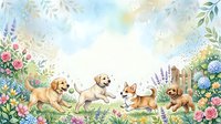 Watercolor puppies playing in a blooming garden with roses and lavender, soft pastel background with copy space for greeting cards.