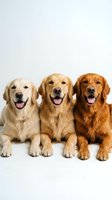 Three happy golden retriever dogs sitting together on white background with tongues out, smiling and looking at camera for pet care advertising.