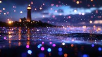 Dreamy lighthouse silhouette against night sky with glowing bokeh lights and reflections on water surface creating magical atmospheric seascape.