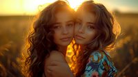 Two young women with long wavy hair embracing at sunset in a golden wheat field, backlit by warm sunlight creating ethereal glow and dreamy atmosphere perfect for lifestyle and beauty content.