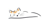 Minimalist line drawing of sleeping fox with orange accents on ears, simple black strokes capturing relaxed pose and whiskers.