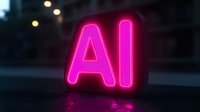 Glowing pink neon AI letters on dark background with soft bokeh lights, modern technology concept representing artificial intelligence and machine learning.
