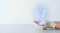Medical professional presenting holographic digestive system anatomy model in cupped hands for healthcare education and gastroenterology consultation.