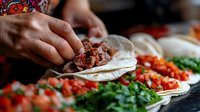 African American hands preparing authentic Mexican street tacos with fresh chopped tomatoes, cilantro, and seasoned meat on corn tortillas against dark background.