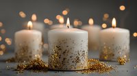 White candles decorated with gold glitter on gray background with soft bokeh lights creating festive holiday atmosphere.