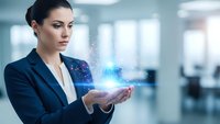 Professional businesswoman holding holographic digital technology projection in modern office environment for corporate innovation presentations.