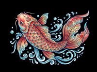 Colorful koi fish with ornate scales and flowing fins, surrounded by decorative water waves. Isolated on transparent background, ready for t-shirts, stickers, clipart, sublimation, and print-on-demand designs.