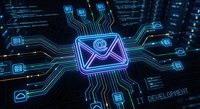 Digital email marketing concept with glowing neon envelope and circuit board connections for business communication and technology solutions.