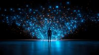 Silhouette of person standing before glowing blue cosmic lights and particles, reflecting on dark surface. Surreal digital art concept for spirituality and universe.