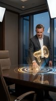 Middle-aged Caucasian businessman in suit using holographic megaphone technology in modern office with city view for digital marketing and communication concepts.