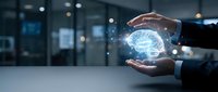 Businessman holding glowing digital brain with neural network connections, representing artificial intelligence, machine learning, and innovative technology solutions for business.