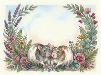 Two adorable mice cuddling in floral wreath frame with roses, lavender and greenery. Romantic woodland animals illustration for greeting cards.