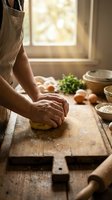 Senior woman kneading pasta dough on rustic wooden table with fresh ingredients in warm sunlit kitchen for homemade cooking and traditional culinary preparation.
