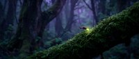 Enchanted moss-covered tree branch glowing in mystical purple forest with magical atmosphere for fantasy storytelling and nature concepts.