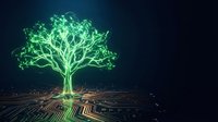 Digital green glowing tree with circuit board roots on dark background representing technology growth, artificial intelligence, and sustainable innovation.