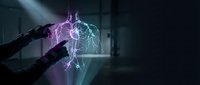 Robotic hand with electric lightning energy sparks in futuristic laboratory setting for technology and artificial intelligence concepts.