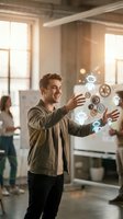 Young Caucasian male professional interacting with holographic gears and technology icons in modern office space, representing digital innovation and workflow automation for business solutions.