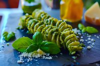 Fresh fusilli pasta with pesto sauce garnished with basil leaves and parmesan cheese on dark slate background, close-up view showing texture and detail.
