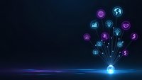 Digital technology network with glowing icons emerging from bright light source on dark blue background for business presentations.