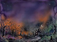 Halloween night landscape with spooky haunted house, bare trees, flying bats, crescent moon and jack-o-lantern pumpkins in purple orange starry sky background.