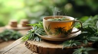 Steaming cup of herbal tea with fresh cannabis leaves on wooden serving board, natural green background creates relaxing therapeutic atmosphere.