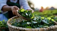 Fresh green watercress leaves being harvested from garden to wicker basket, organic farming and sustainable agriculture concept at sunset light.