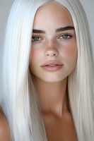 Young woman with platinum blonde hair, natural freckles, and blue eyes in soft beauty portrait. Clean minimal makeup and glowing skin create fresh modern look.