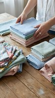 Woman organizing and folding clean linens and textiles on wooden table, arranging pastel colored fabrics for storage and household organization.