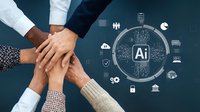 Business team hands together with AI artificial intelligence technology icons representing collaboration and innovation in workplace.