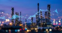 Industrial oil refinery complex at twilight with digital network connections overlay representing smart manufacturing and Industry 4.0 technology integration.