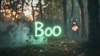 Spooky forest scene with glowing green neon "Boo" text floating among misty trees at dusk, creating an eerie Halloween atmosphere with bokeh lights in background.