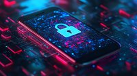 Digital security lock icon on smartphone screen with neon pink and blue cyber circuit pattern background, representing data protection and cybersecurity concept.
