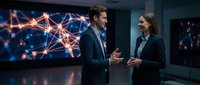 Young Caucasian business professionals discussing data analytics in modern office with network visualization display on wall screens.