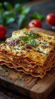 Classic layered lasagna with melted cheese, meat sauce, and fresh basil garnish on wooden cutting board, fresh tomatoes in background for food photography.