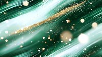 Abstract emerald green waves with golden glitter particles and bokeh lights on dark background create luxurious flowing motion effect for festive designs.