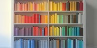 Colorful books arranged by spectrum colors on white bookshelf creating rainbow gradient effect against light wall, modern minimalist library organization.