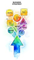 Business strategy infographic with colorful watercolor elements showing analytics, marketing, teamwork, innovation concepts in geometric shapes and arrow.
