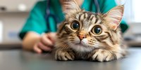 Curious tabby cat with wide eyes lying on examination table at veterinary clinic while doctor in scrubs performs checkup, pet healthcare concept.